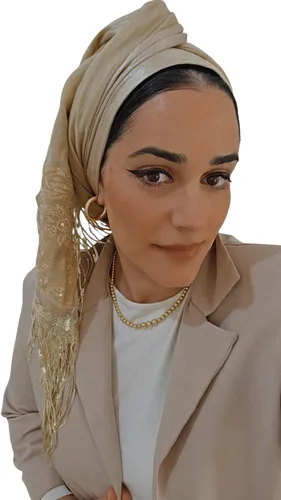 מטפחת לונג משולבת דגם נאיה עם סיומת פרנזים