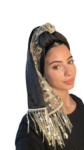 מטפחת לונג דגם אוריאנה מטפחת משולבת יוקרתית שחורה