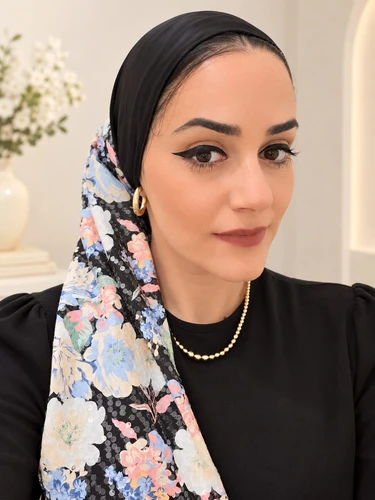 מטפחת לונג משולבת סאטן שחור ופרחים עם סיומת פרנזים